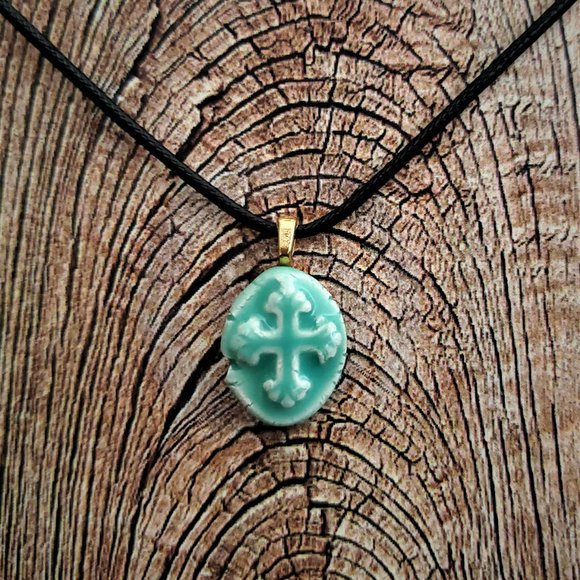 Handmade Ceramic Aqua Green Fleur De Lis Cross Pendant Necklace - Picture 14 of 14